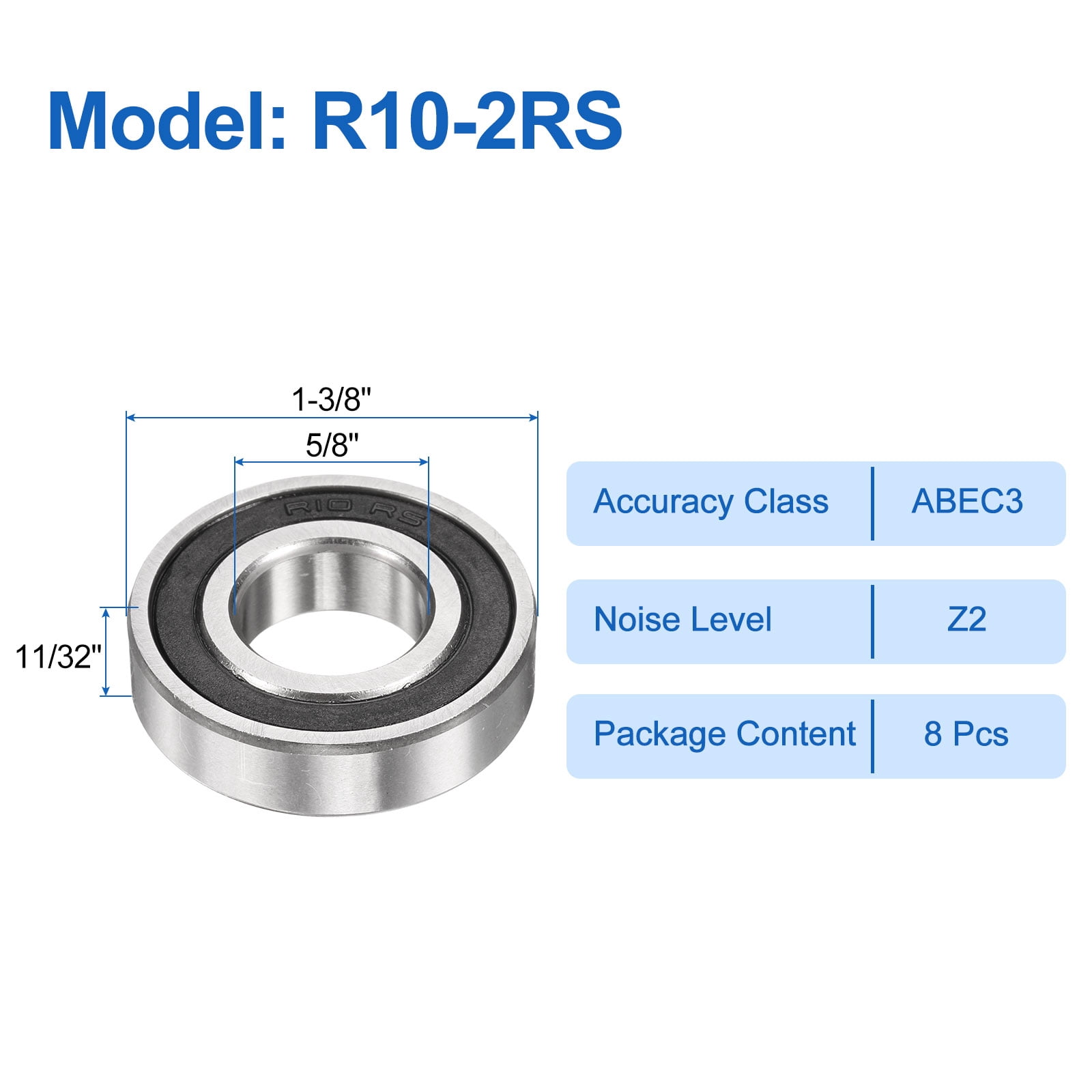 8 Pack R10-2RS Deep Groove Ball Bearings 5/8" ID x 1-3/8"" OD x 11/32" Height  ABEC3