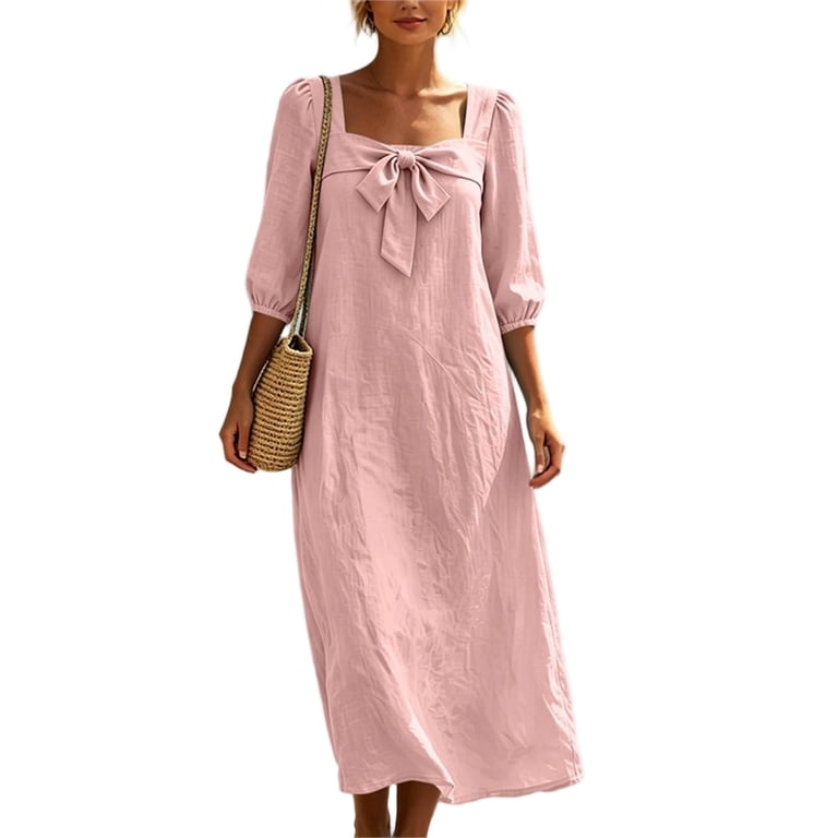 cotton loungewear dresses Neewe Women's Cotton Linen Square Neck 1/2 Sleeve Maxi Dress, Casual Loose  Oversized Loungewear for Spring Fall （S-2XL）