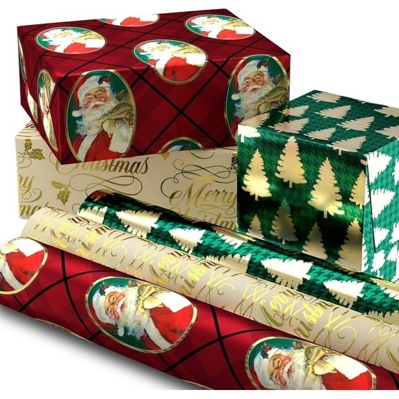 Foil Christmas Wrapping Paper with Cut Lines on Reverse (3 Rolls: 60 sq. ft. ttl) Plaid Snowflakes, Snowmen, Red, Green and Blue Plaid