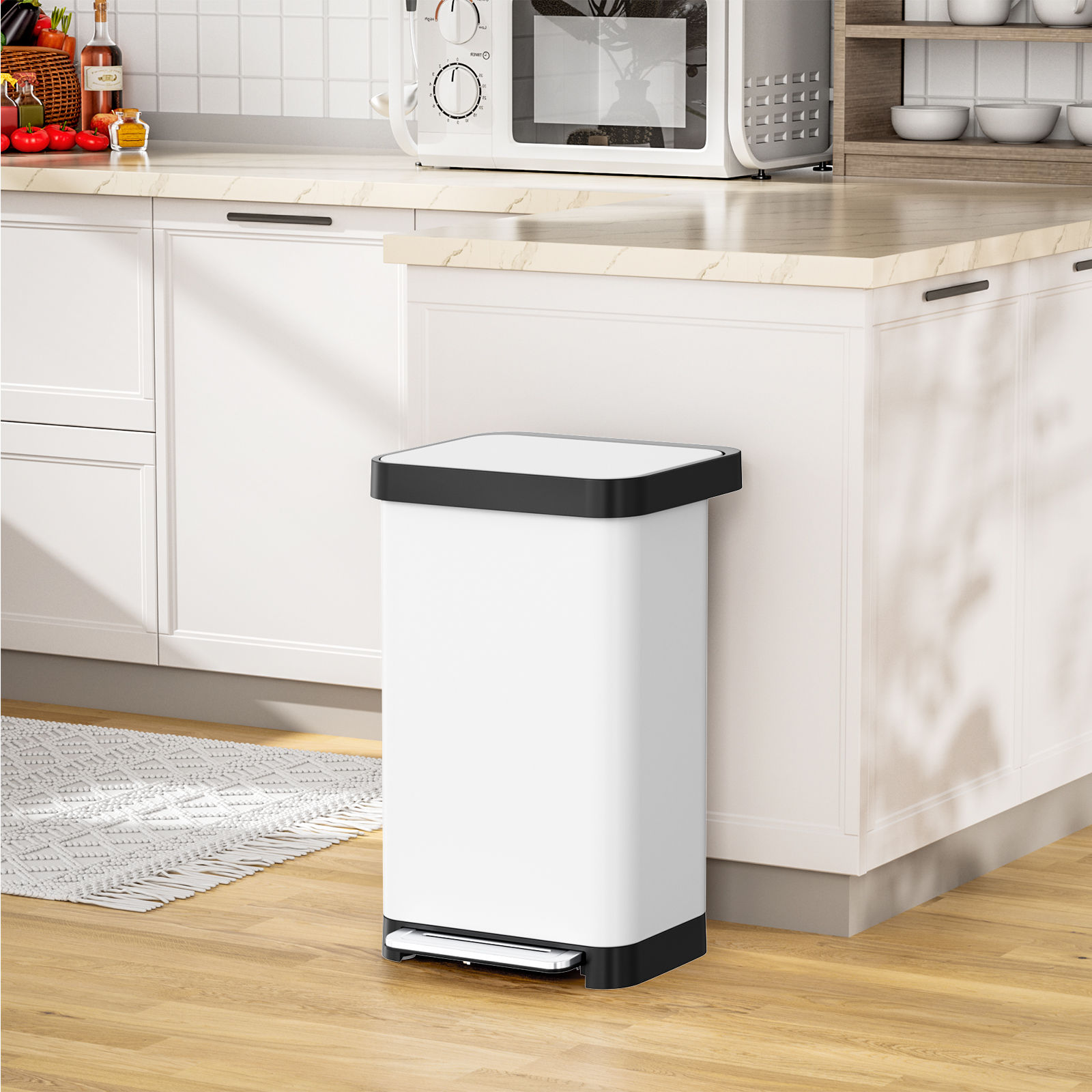 Pirecart Stainless Steel Trash Can, 13.2 Gal Large Capacity Garbag Bin with 15 Inner Bags & Rear Trash Bag Storage Compartment, Garbage Can W/ Soft-Close Lid & Built-In Deodorizer Box, White