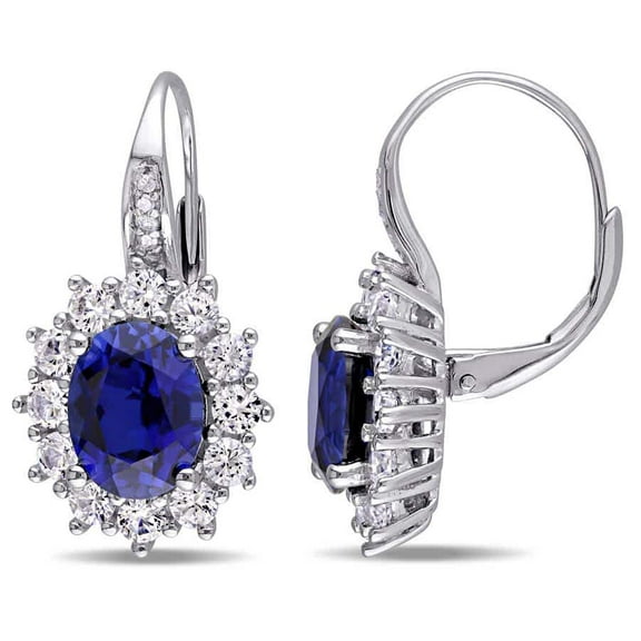 AMOUR Halo Diamond and 8.06 CT TGW Created Blue and White Sapphire Leverback Earrings In Sterling Silver