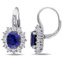 AMOUR Halo Diamond and 8.06 CT TGW Created Blue and White Sapphire Leverback Earrings In Sterling Silver