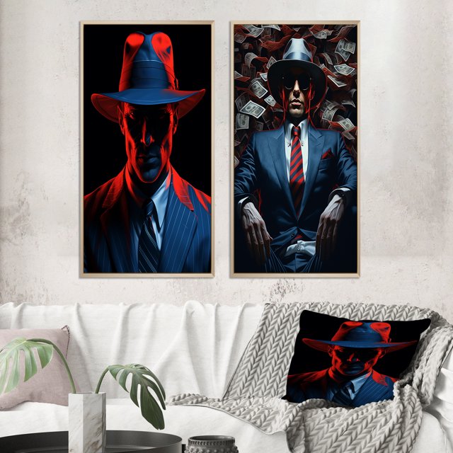 Designart "Portrait Man in Red and Blue with Hat" Man Framed Wall Art Set Of 2 - Glam Red Frame Gallery Set For Office Decor