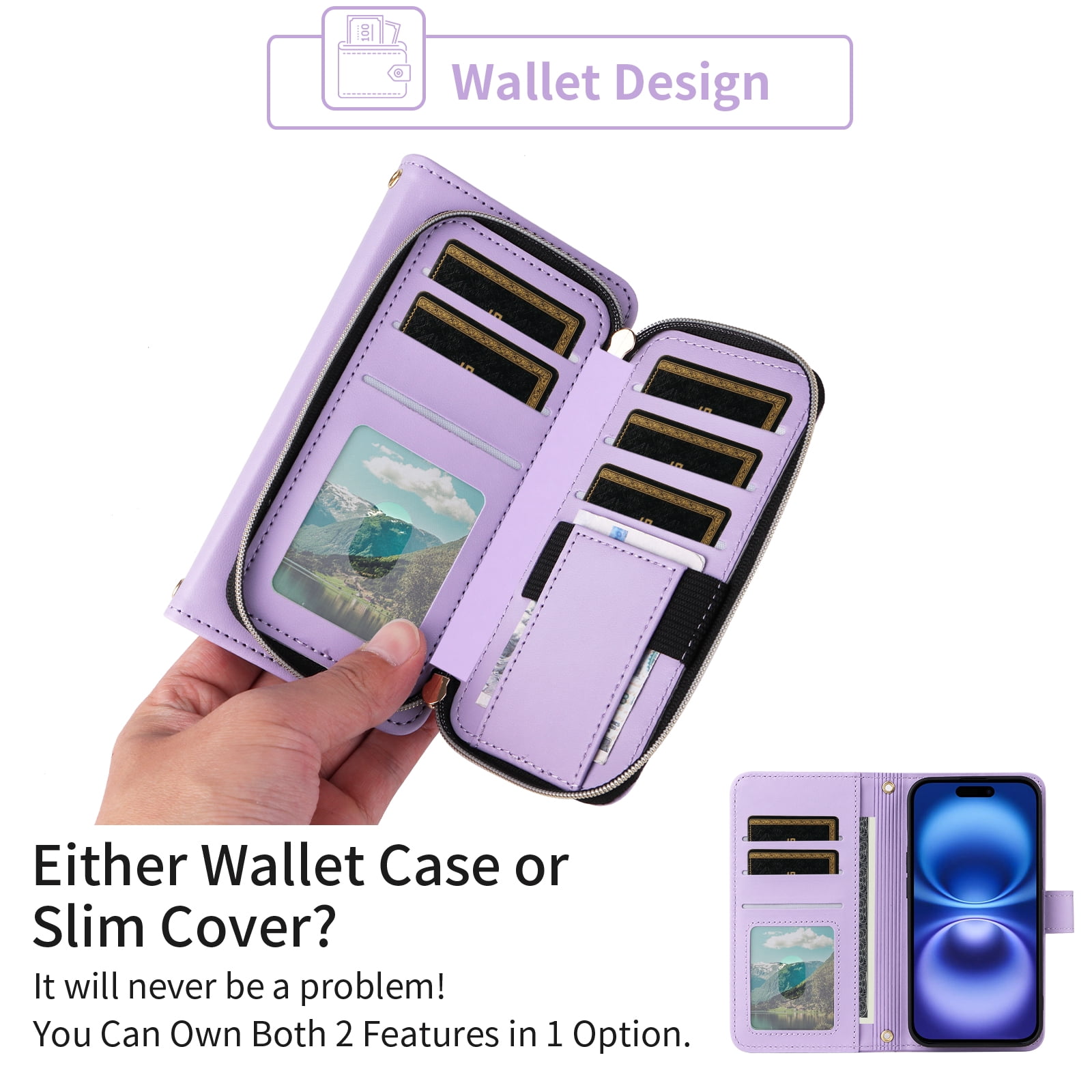 Furiet Argyle Wallet Case for iPhone 17 6.3 inch with Wrist/Shoulder Strap, Card Slots Zipper Purse Luxury PU Leather Stand Checkered Cell Phone Cover for i Phone17 i17 17Case Women Girls Purple