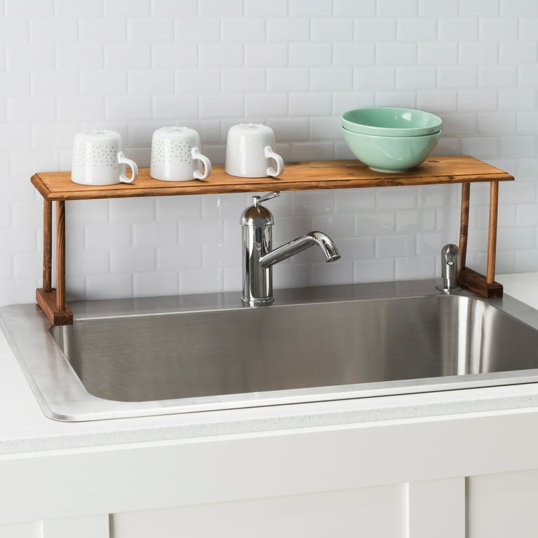 Home Basics Wooden Over the Sink Shelf - Brown | Maximize Counter Space |  Convenient Storage for Soap, Silverware, Sponges | Easy Faucet Access