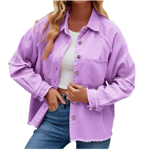 Jacenvly Jackets for Women Solid Denim Jacket Soft Comfortable Long Sleeve Spring Coats Lapels Pocket Button up Shirts for Women Casual Trendy Thigh Length Tops