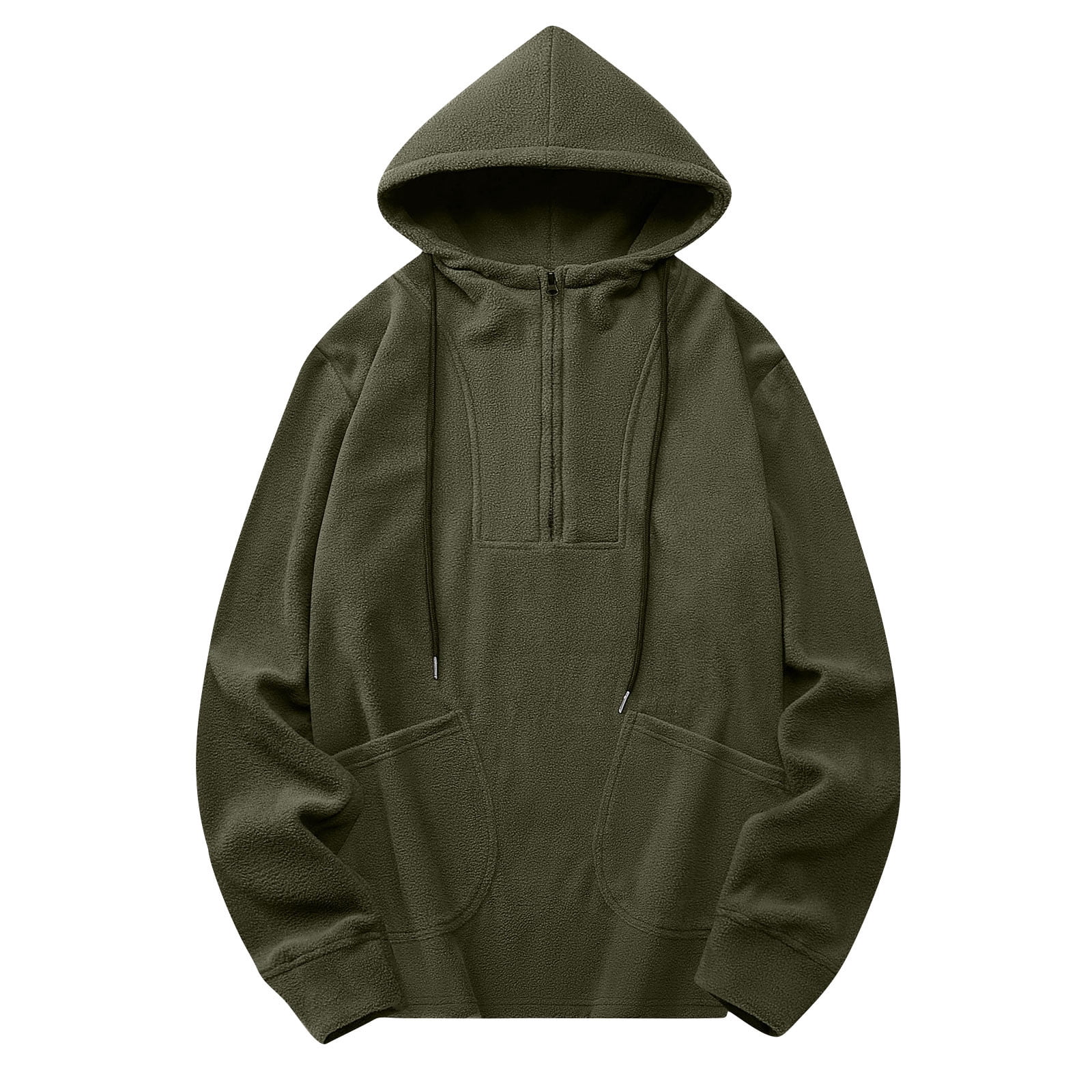 Paiwinds Men's Vintage Full-Zip Fleece Hoodie, Plush Polyester with Adjustable Hood, Retro Casual Sweatshirt in Army Green