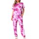 thumbnail image 1 of Conjunto de pijamas para mujeres INSPIRE CHIC, ropa de dormir suave, camiseta de teñido anudado con pantalones, atuendos de sudadera con bolsillo, 2XL Rosa, 1 of 6