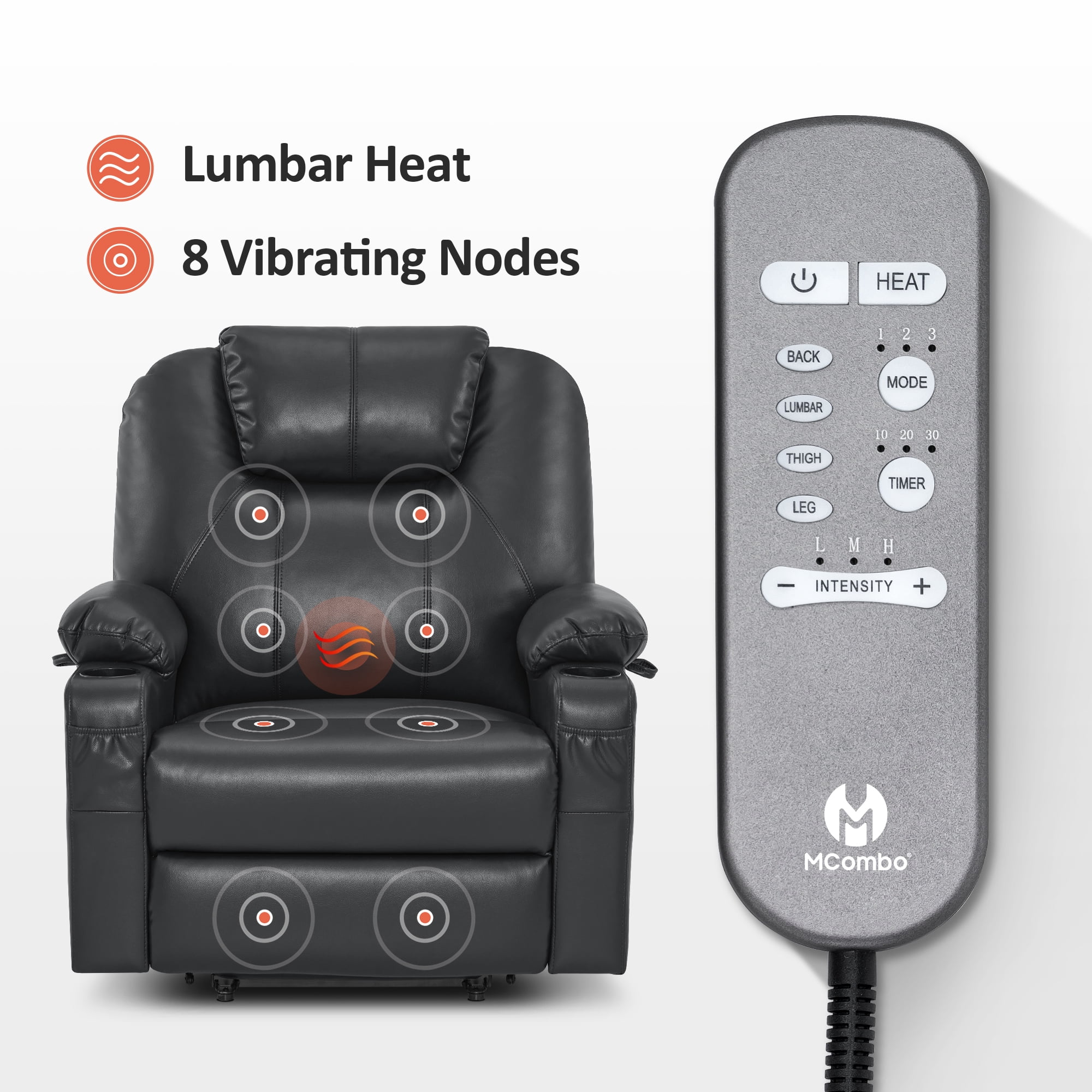 MCombo Medium-Wide Power Lift Recliner Chair Sofa with Massage and Heat for Elderly People, Cup Holders, USB&Type C Ports, Side Pockets, Faux Leather (Black, Medium-Wide)