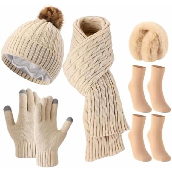 6 Pcs Winter Knit Set with Knit Beanie Hat Long Scarf Touchscreen Gloves Foldable Earmuff Fleece Socks for Women