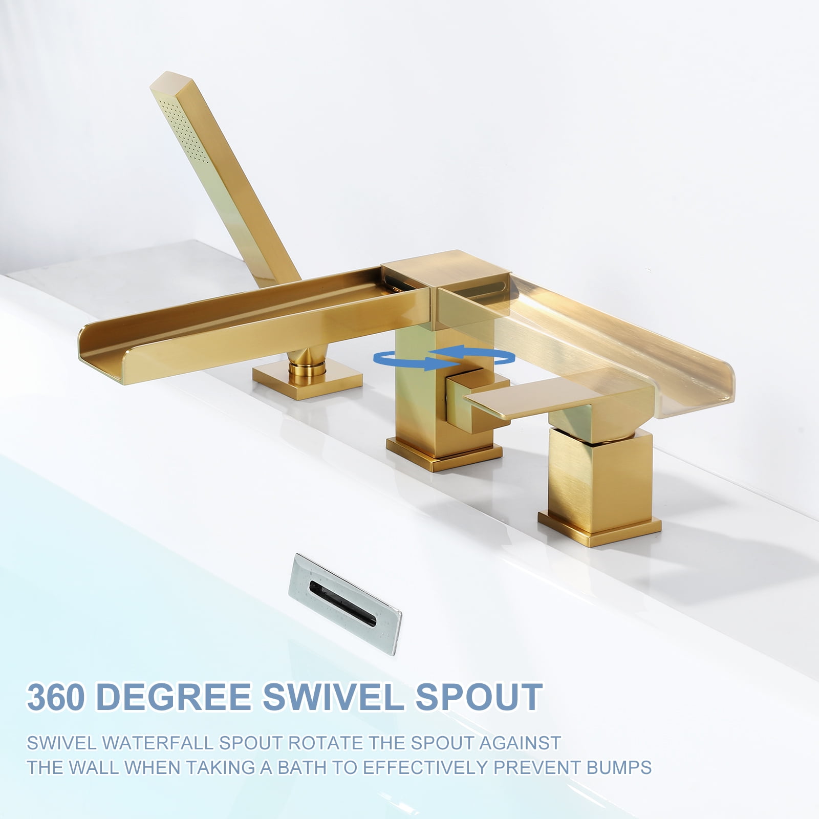 Waterfall Roman Tub Faucets, WOWOW Jacuzzi Tub Faucet Brushed Gold, Garden Deck Mount Tub Faucet, Roman Tub Faucet with Sprayer