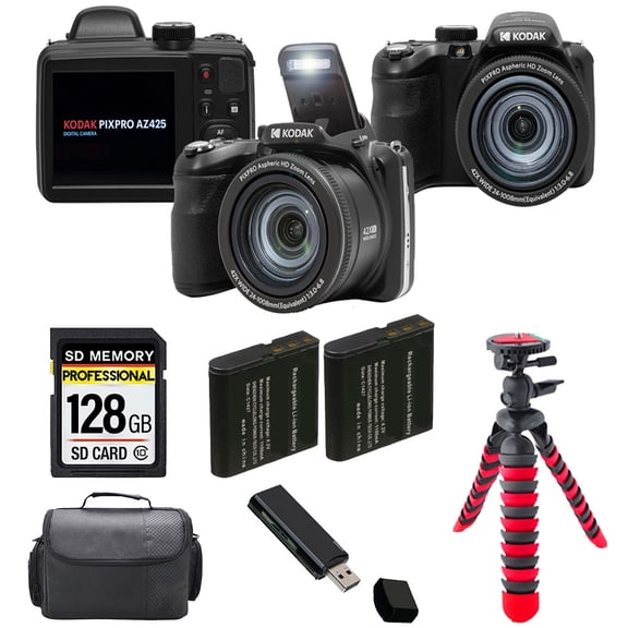 Kodak PIXPRO AZ425 Digital Camera (Black)   Extra Battery  Tripod   Case -128GB Kit