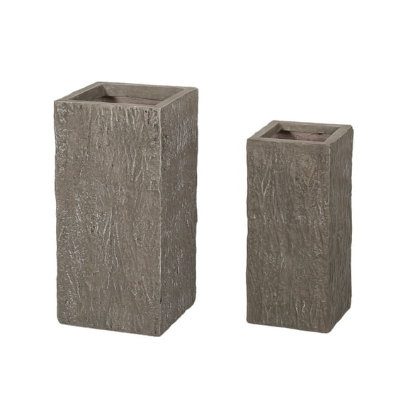 GDF Studio Berkamn Outdoor Cast Stone Small and Medium Planters, Set of 2, Brown Wood
