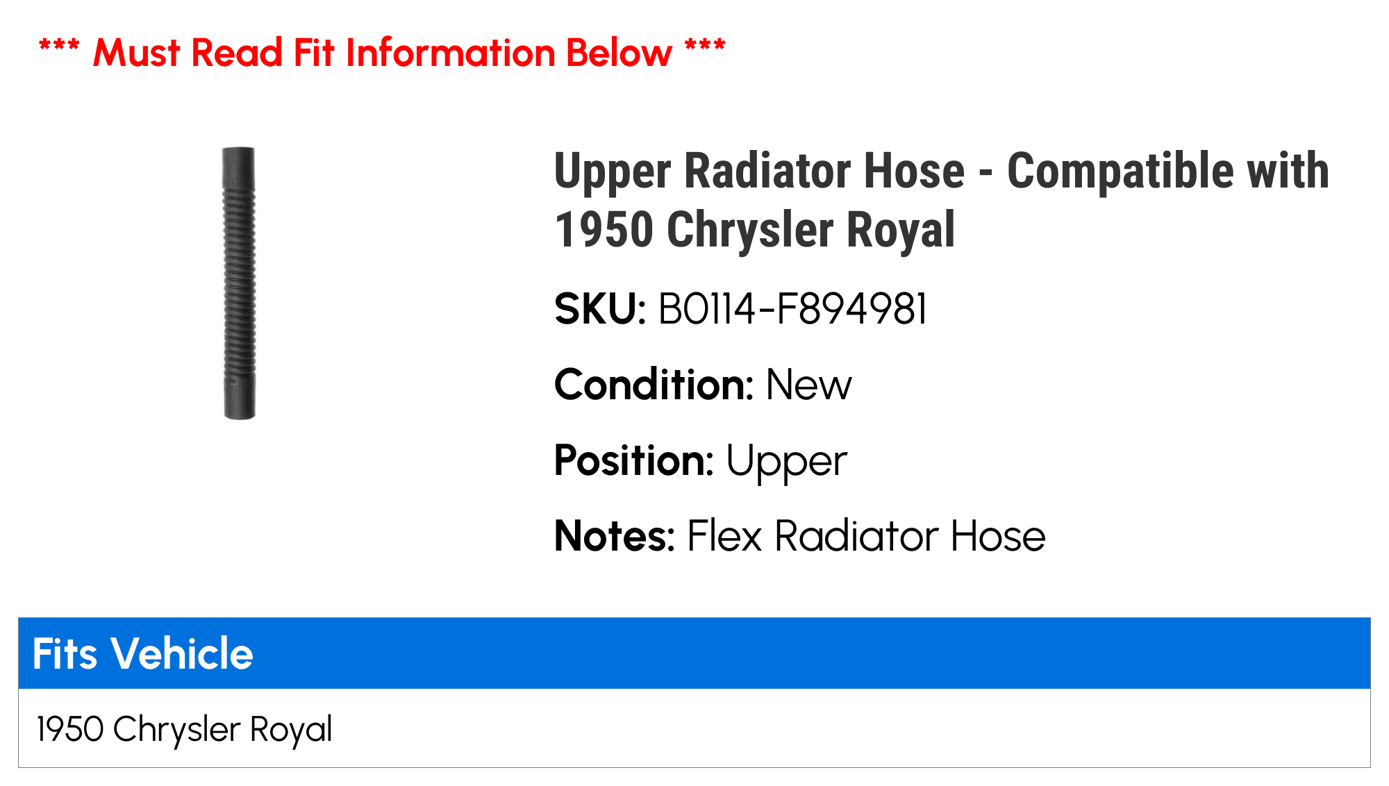 Upper Radiator Hose - Compatible with 1950 Chrysler Royal
