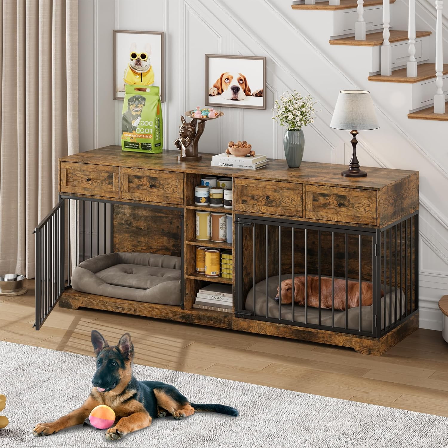 Homhougo 82” Large Dog Crate for 2 Dogs, Dog Kennel Indoor with 4 Drawers and Shelves, Double Dog Crate Furniture TV Stand, Wooden Dog Cage for Medium Large Dogs, Brown