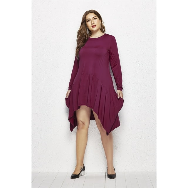 U.Vomade Robe d'Automne pour Femme Grande Taille, Couleur Unie, Col Rond, Manches Longues, avec Poches