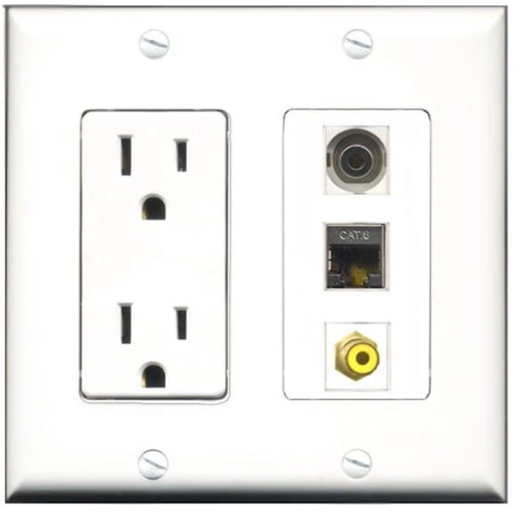 RiteAV - 15 Amp Power Outlet 1 Port RCA Yellow 1 Port Shielded Cat6 Ethernet Ethernet 1 Port 3.5mm Decorative Wall Plate