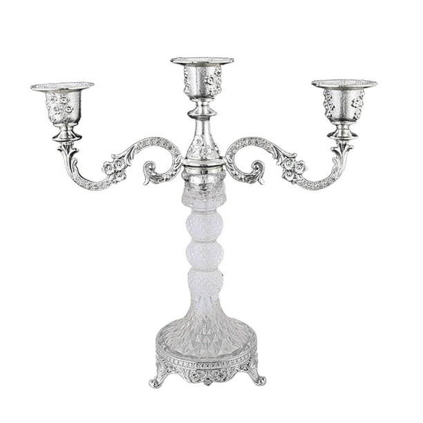 Candelabro de 3 brazos, elegante candelabro romántico de metal y cristal. Plata