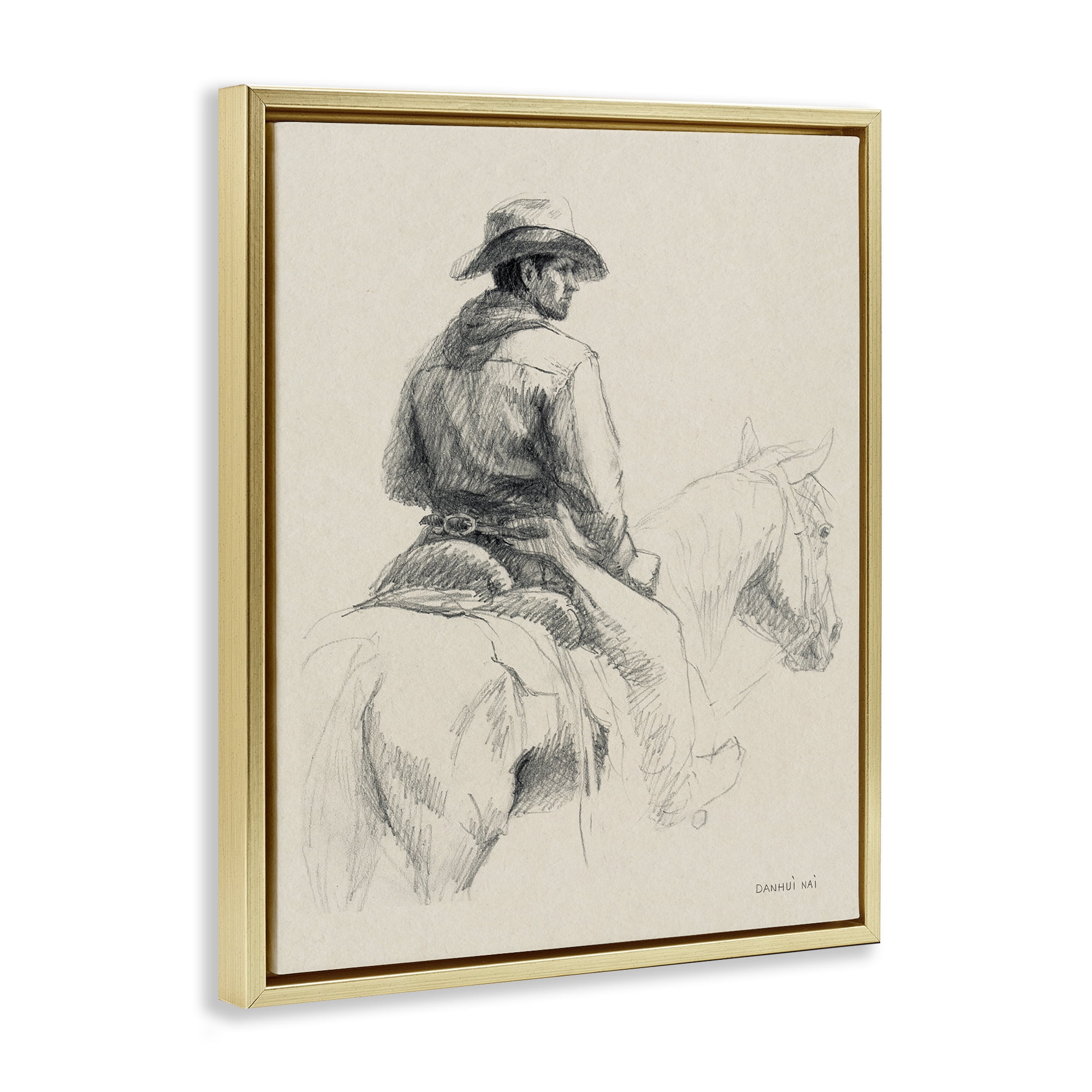 Stupell Industries Cowboy & Horse Sketch People Drawing Gold Floater Framed Canvas Art Print Wall Art, 17 x 21
