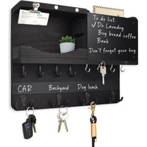 Farmhouse Key and Mail Holder for Wall Decorative, Rustic Mail and Key Organizer for Wall with Different Hooks, Chalkboard, Key Holder Wall Mount with Shelf, Basket, Clips(Pine Wood, Black)
