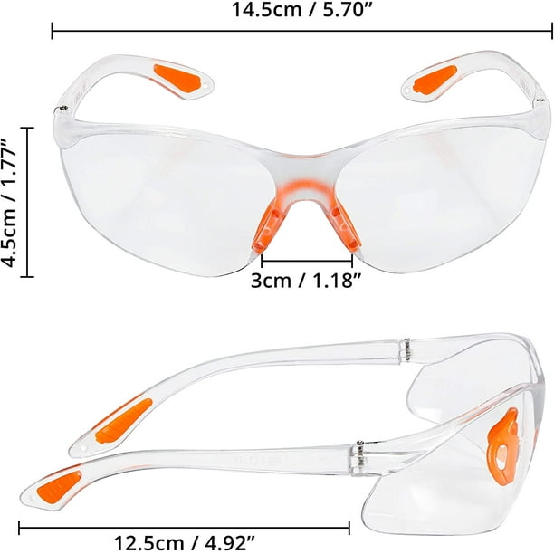 12 anteojos de seguridad transparentes: anteojos protectores con lentes de plástico, puente nasal y patillas de goma para mayor comodidad, anteojos transparentes PPE