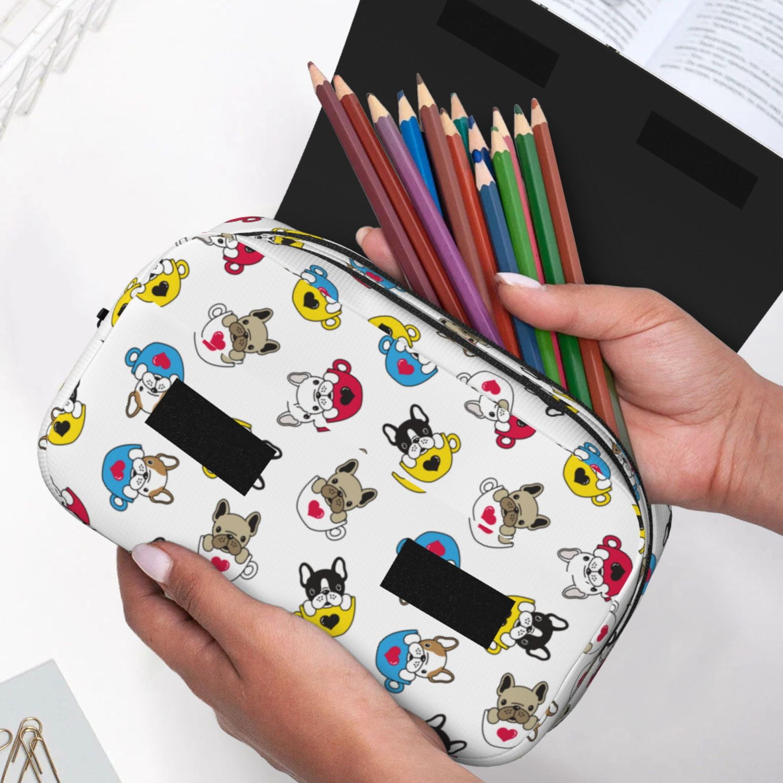 Rateoe French Bulldog With Coffee Cup Pattern Double Clamshell Pen Case, Storage Organizer with Two Zipper Compartments– Holds Up to 50 Pencils & Pens