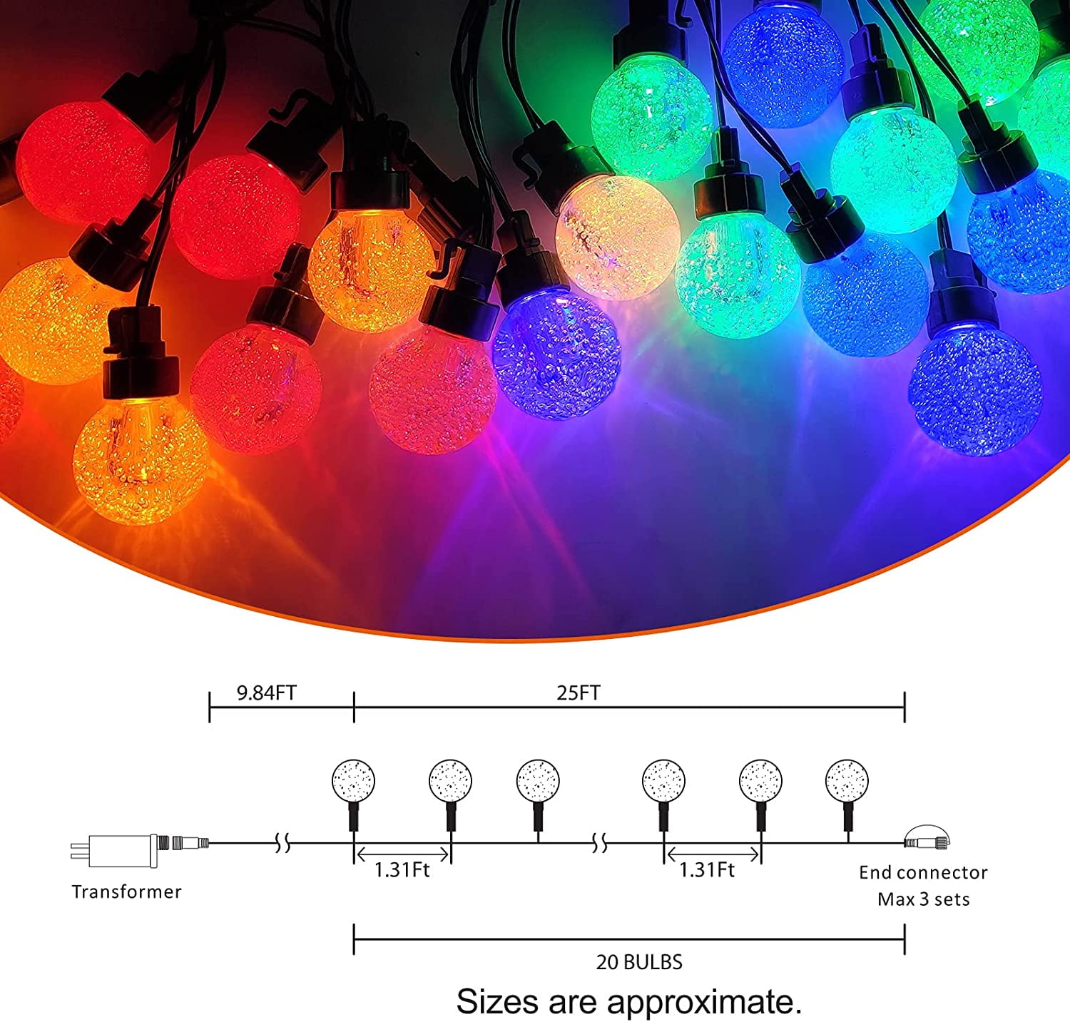 Bibana35 FT Globe String Lights Outdoor Commercial Grade Light with 20 G50 Shatterproof LED Bulbs Waterproof Extendable for Indoor Outdoor Wedding Garden Party Christmas Trees Decoration (Multicolour)