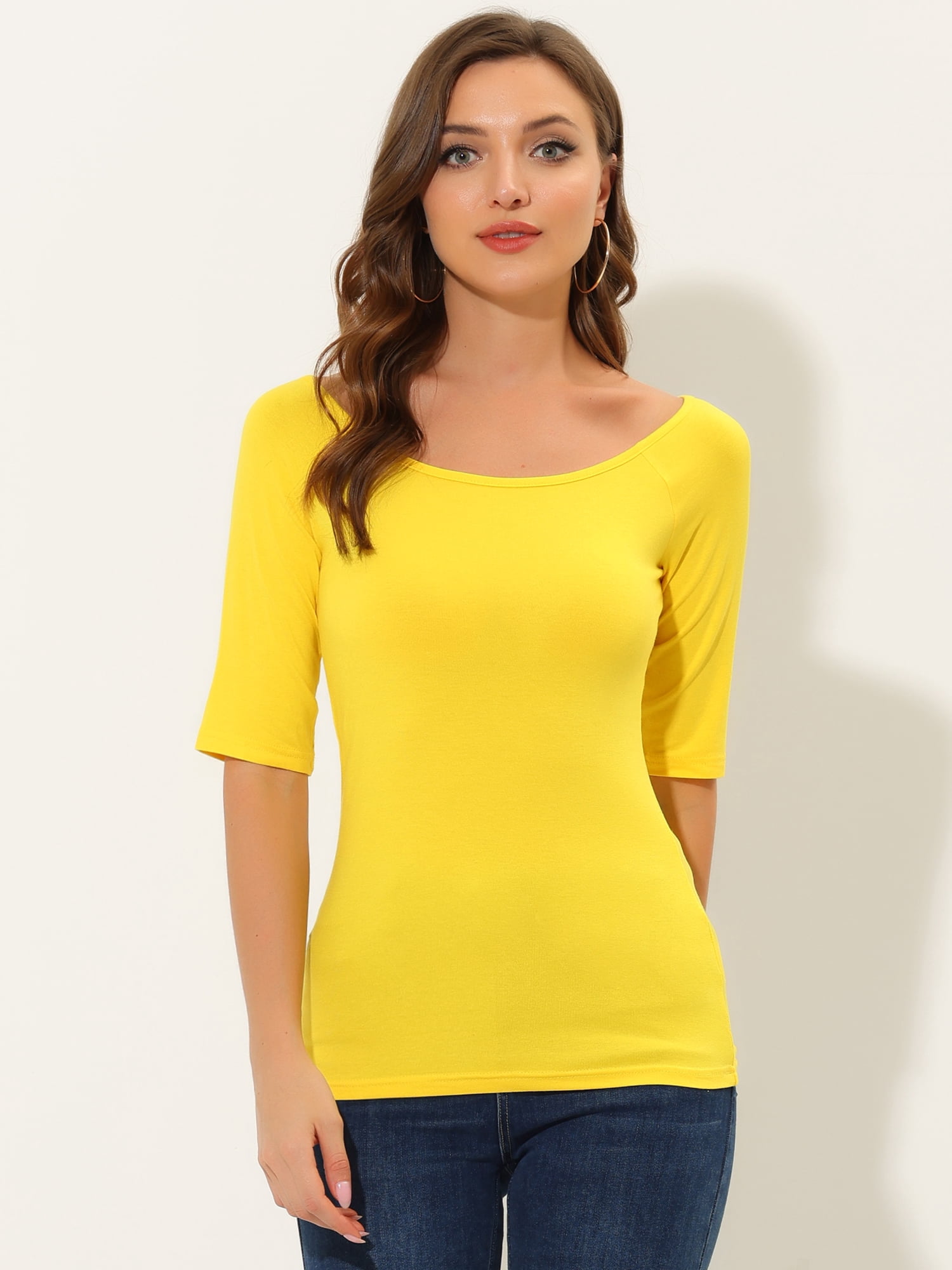 DARING DIVA Women's Slim Fit Pullover Boat Neck Stretchable T-Shirt 2XL Lemon Yellow