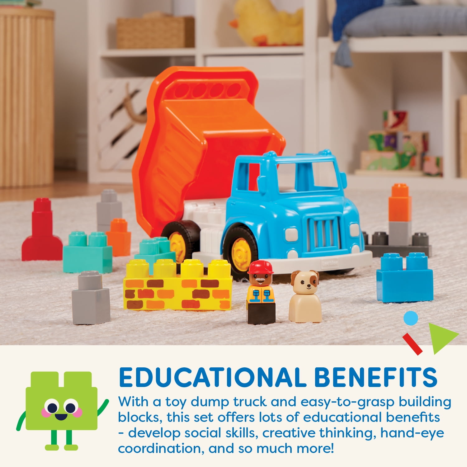 Battat Dump Truck Toy Vehicle with 13 Blocks and 2 Figurines, Toddler and Preschool Toys