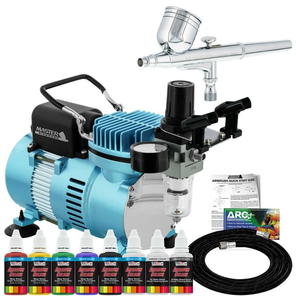 Master Airbrush Multi-Purpose Gravity Feed Airbrushing System Kit - 6 Primary Opaque Colors Acrylic and Air Compressor