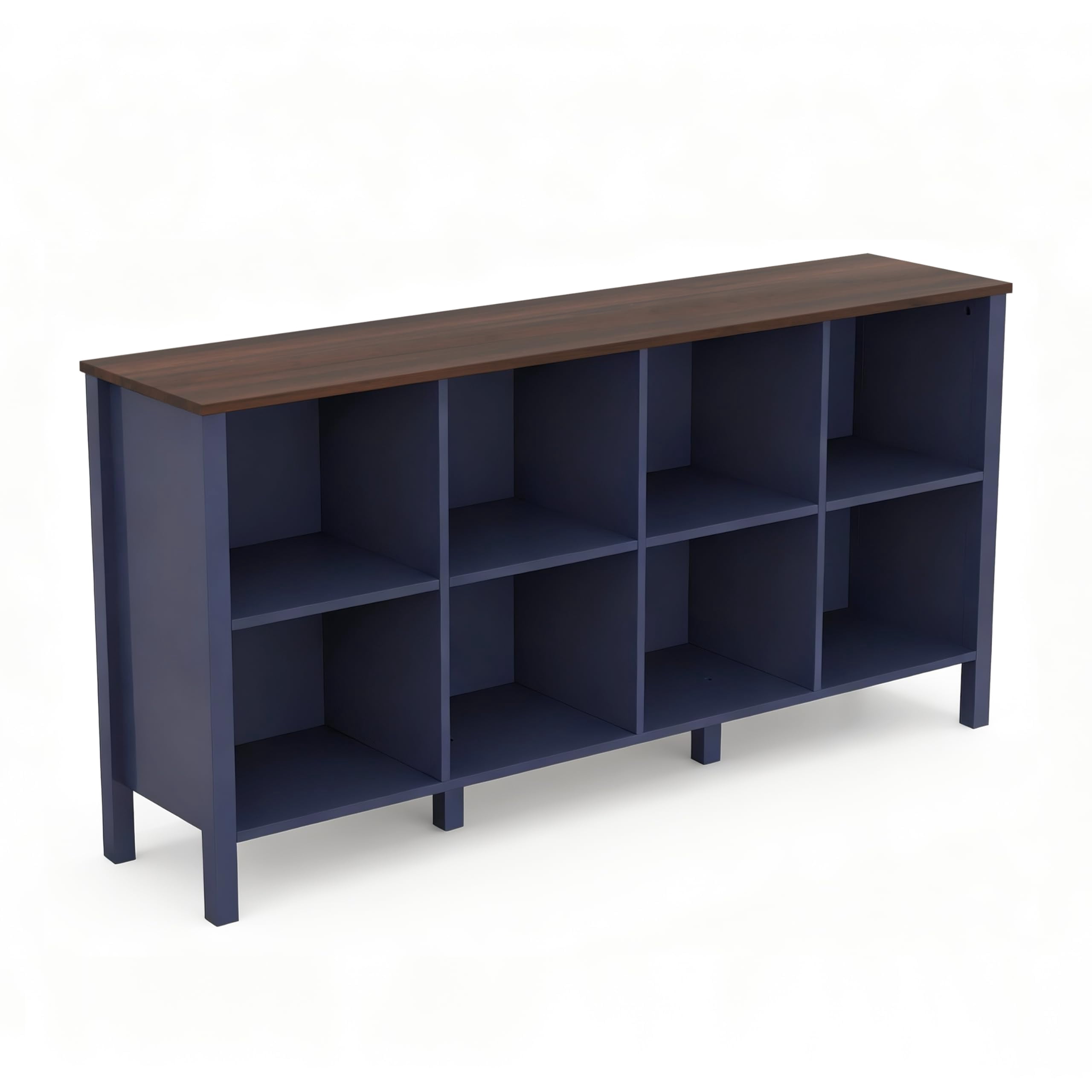 NEWADARA 8-Cube Bookcase, Farmhouse Wooden Bookshelf Low Storage Organizer, 59" Horizontal Navy Blue Console with Legs, Hallway Book Case for Entryway, Display Cabinet for Living Room (Navy Blue)