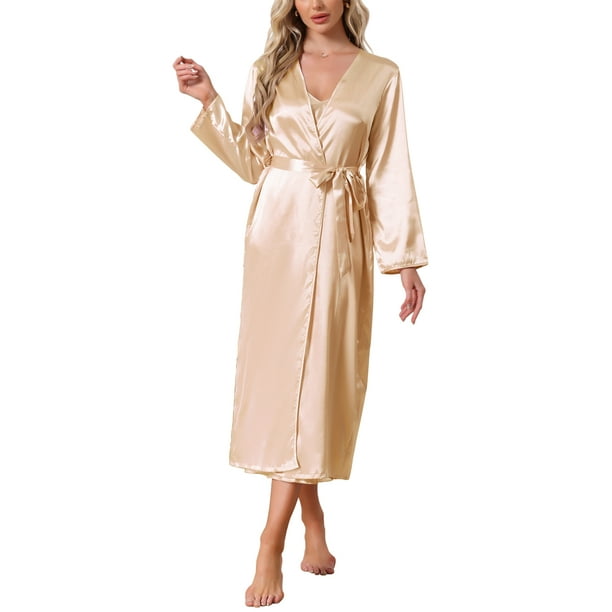 Conjunto de bata de satén para mujeres Inspire Chic de 2 piezas, camisón midi suave y sedoso, conjuntos de pijama sexys, batas de dama de honor M Gold