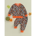 thumbnail image 2 of Wassery 2Pcs Toddler Boys Fall Clothes Baby Halloween Outfits Long Sleeve Pumpkin Checkerboard Print Sweatshirt + Elastic Waist Pants Set 0-3 Years, 2 of 9