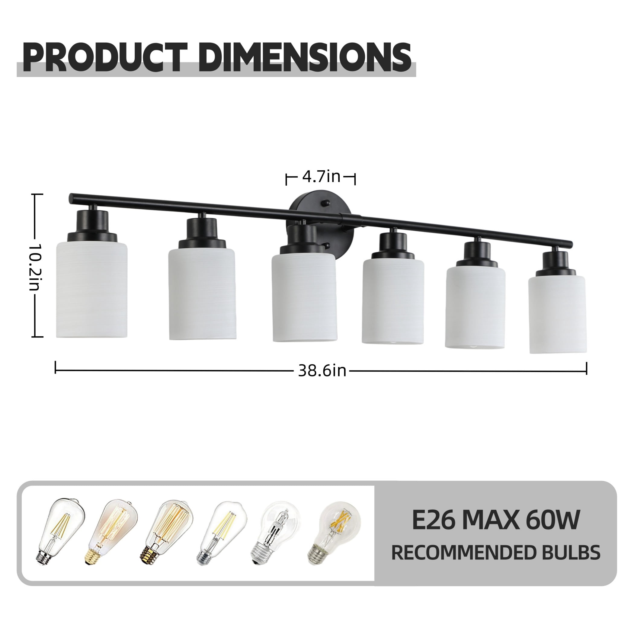 39" Modern Black Vanity Light, 6-Light Bathroom Wall Sconce with Frosted Glass Shades, Wall Mount Lighting for Mirror or Hallway (No Bulbs)