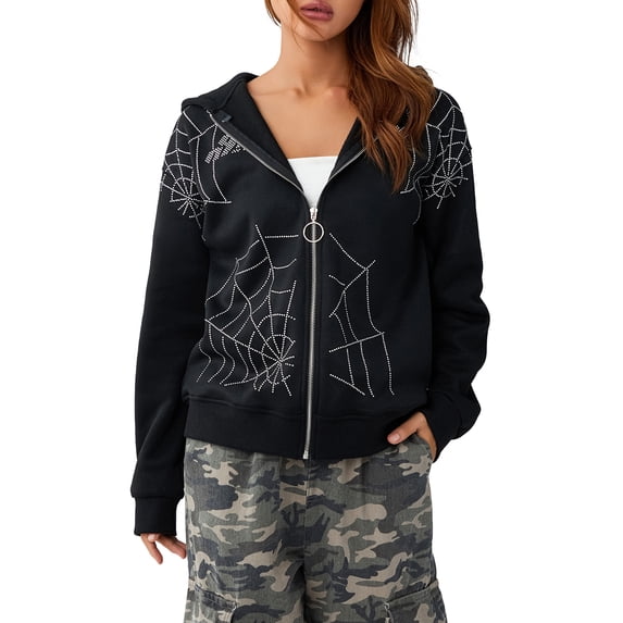 Sedceaty Women's Spring Autumn Zipper Hoodie Black Long Sleeve Rhinestone Spider Web Print Coat
