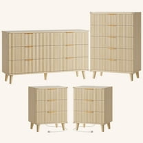 Laintene Boho Bedroom Set of 4 - 6 Drawer Dresser, 5 Drawer Vertical Dresser & 2 Nightstands with 3 Drawers & USB Charging, Fluted Wooden Storage for Modern Bedroom, Natural