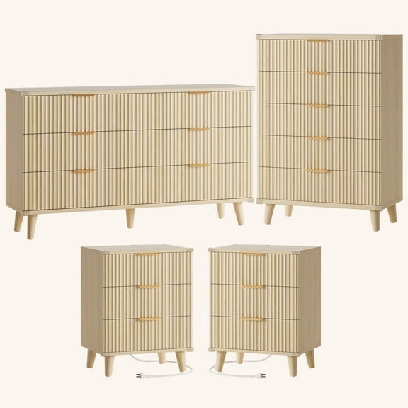 Laintene Boho Bedroom Set of 4 - 6 Drawer Dresser, 5 Drawer Vertical Dresser & 2 Nightstands with 3 Drawers & USB Charging, Fluted Wooden Storage for Modern Bedroom, Natural