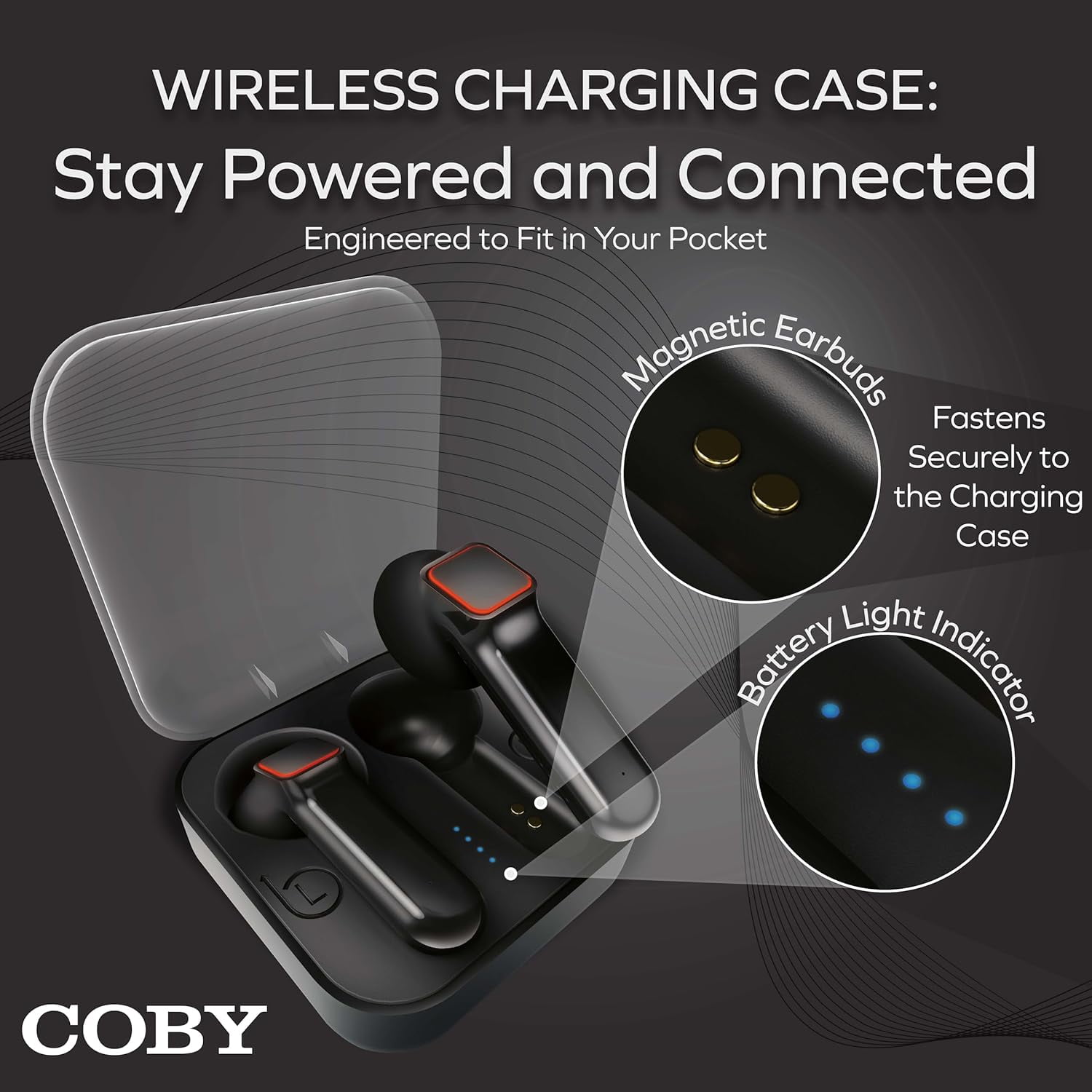COBY Sweat-Resistant True Wireless Earbuds, Noise-Isolating Bluetooth Earbuds with Built-In Mic, Black