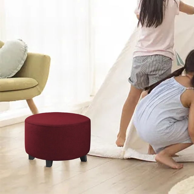 Thickened Solid Color Round Low Stool Ottoman Cover Elastic Full On Protector for Furniture