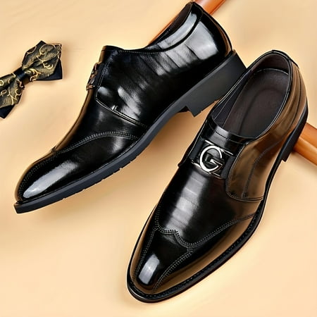 KINODAY Solid Pointed Toe Wing-tip Brogues Wear-resistant Slip On Dress Shoes For Business Office Wedding Party