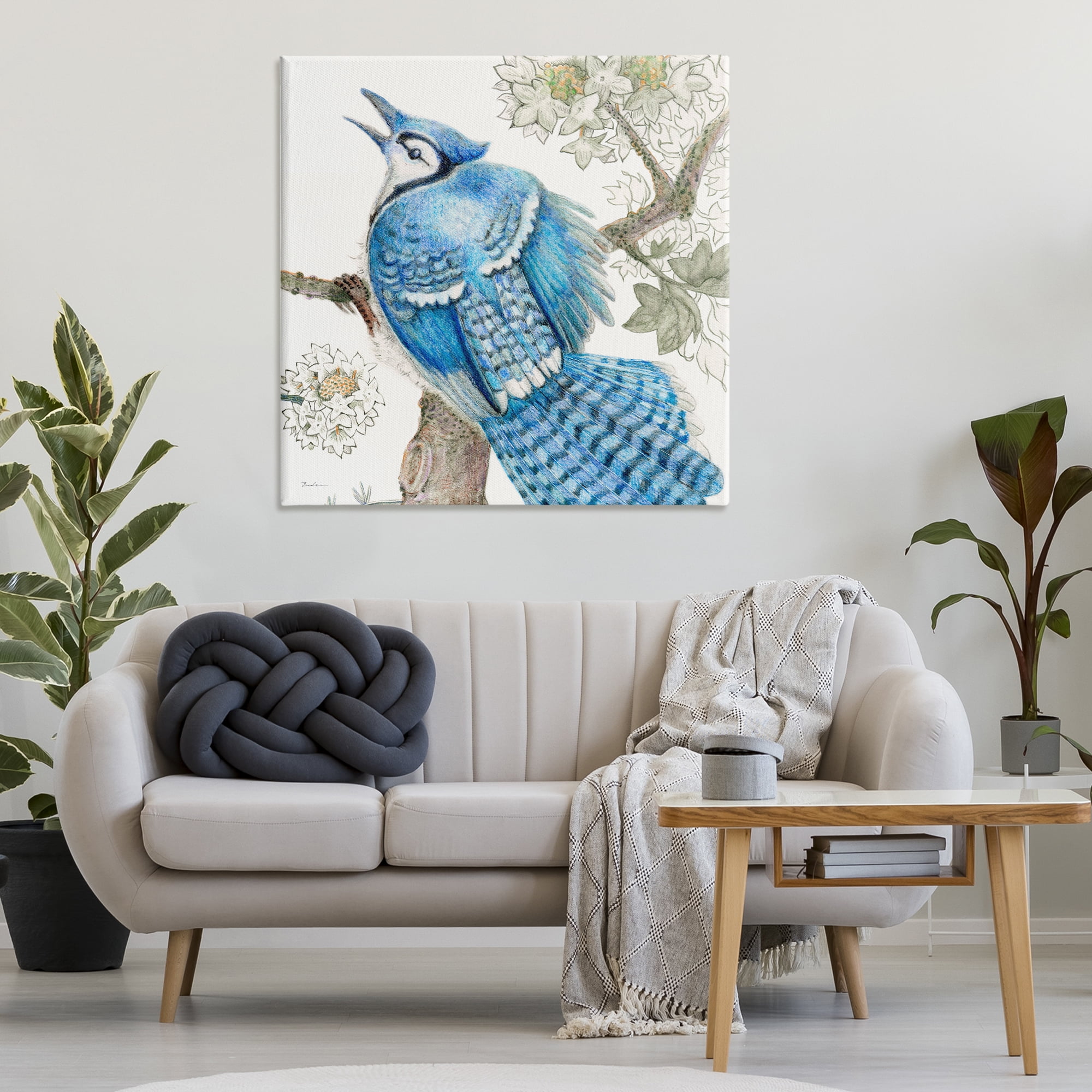 Stupell Industries Rhododendron & Blue Jay Animals Painting Wrapped Canvas Art Print Wall Art, 36 x 36