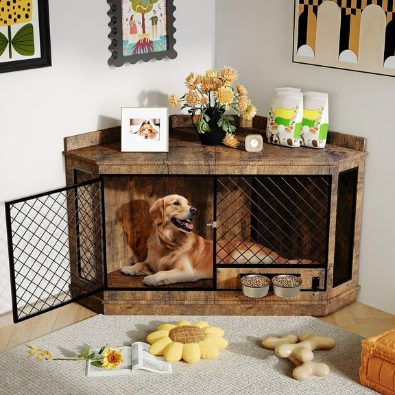Ataucjin 52" Corner Dog Crate Furniture with Rotating Feeder, Decorative Dog Crates Dog Cage TV Stand Wooden Dog Kennel End Table for Small Medium Big Dog