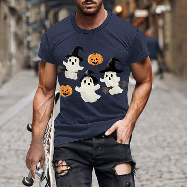 Pisexur Chemises pour Hommes Chandail pour Hommes Blouse/t-Shirt d'Halloween Imprimé à Col Rond à Manches Courtes Bleu Marine,5TG