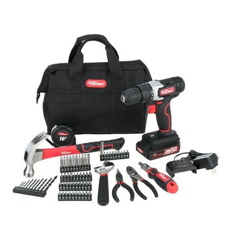 Hyper Tough 20V Max Lithium-ion 3/8 inch Cordless Drill & 70-Piece DIY Home Tool Set Project Kit with 1.5Ah Lithium-ion Battery & Charger, Bit Holder, LED Light & Storage Bag