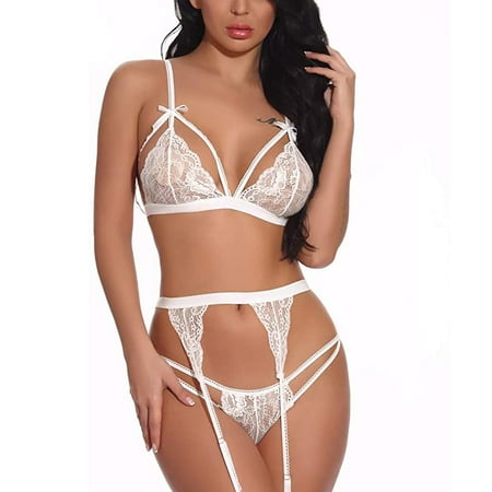 

XHJUN Women s Lace Babydoll Sheer Garter Belt Lingerie Set with 3 pieces Teddy Trim Lingerie Sexy Bodysuit