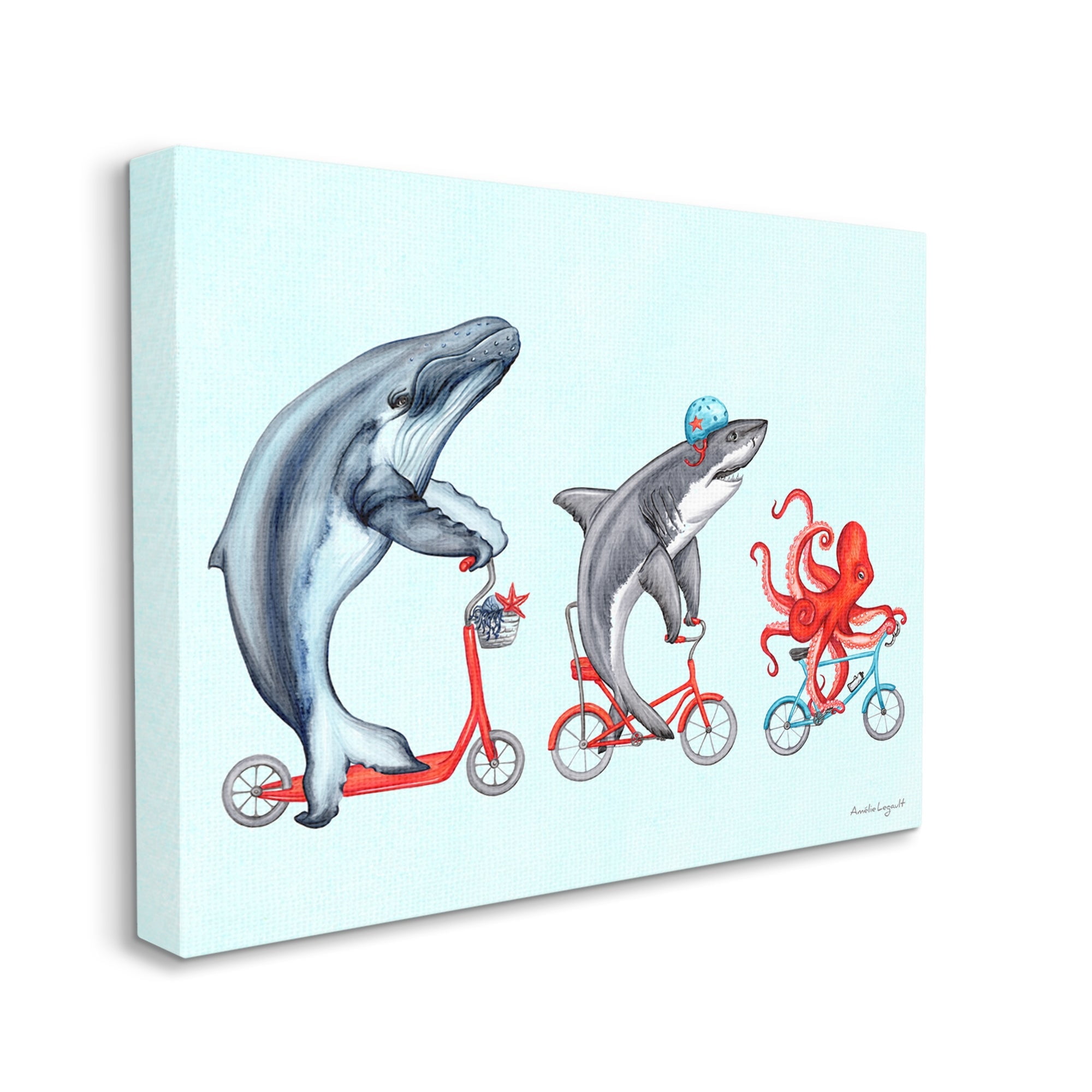 Stupell Industries Aquatic Sea Life Animals Riding Bikes Red Accent Graphic Art Gallery Wrapped Canvas Print Wall Art, Design by Amelie Legault