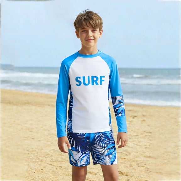 ZHOGXU Toddler Kids Boys Girls Two Piece Swimwear Long Sleeve Round Neck Letter Print Top And Shorts Comfortable Beachwear For Pool Beach,Sky Blue,10-11 Years
