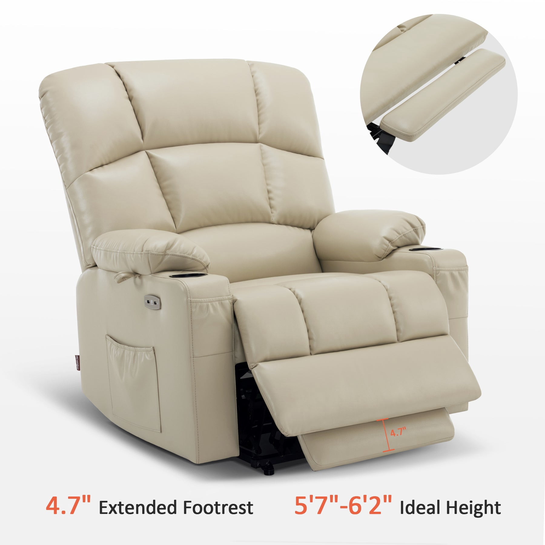 MCombo Large-Wide Lay Flat Dual Motor Power Lift Recliner Chair Sofa with Massage and Heat for Big Elderly People, Infinite Position, Faux Leather R7688 (Beige, Large-Wide)