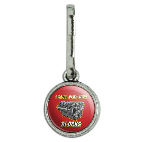 I Still Play With Blocks Automotive Mechanic Car Engine Antiqued Charm Clothes Purse Suitcase Backpack Zipper Pull Aid