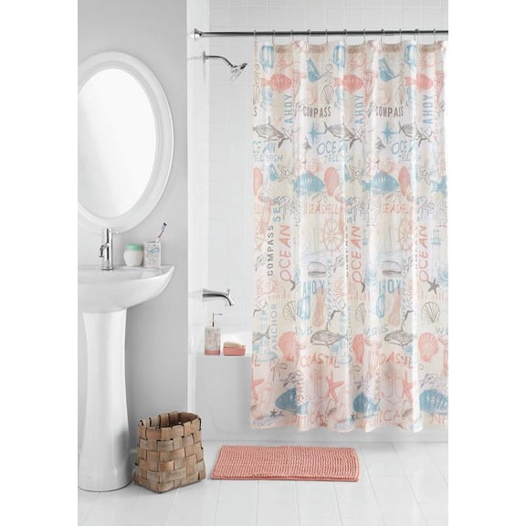Mainstays 17-Piece Coastal Polyester/Ceramic Shower Curtain & Shower Curtain & Bathroom Accessory Set, White and Pink